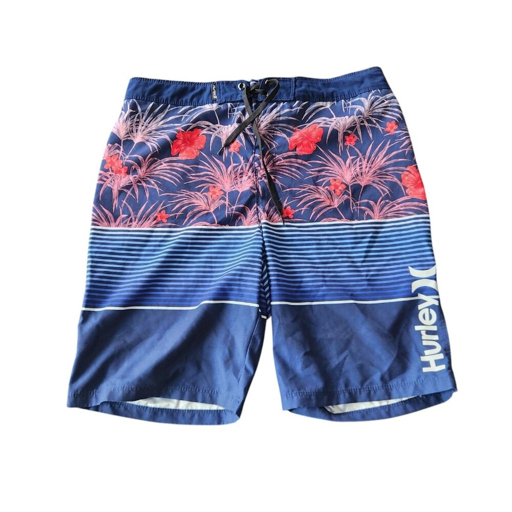 Hurley Board Shorts Youth Boys 18/29 Blue Red Floral Striped Swim Trunks EUC